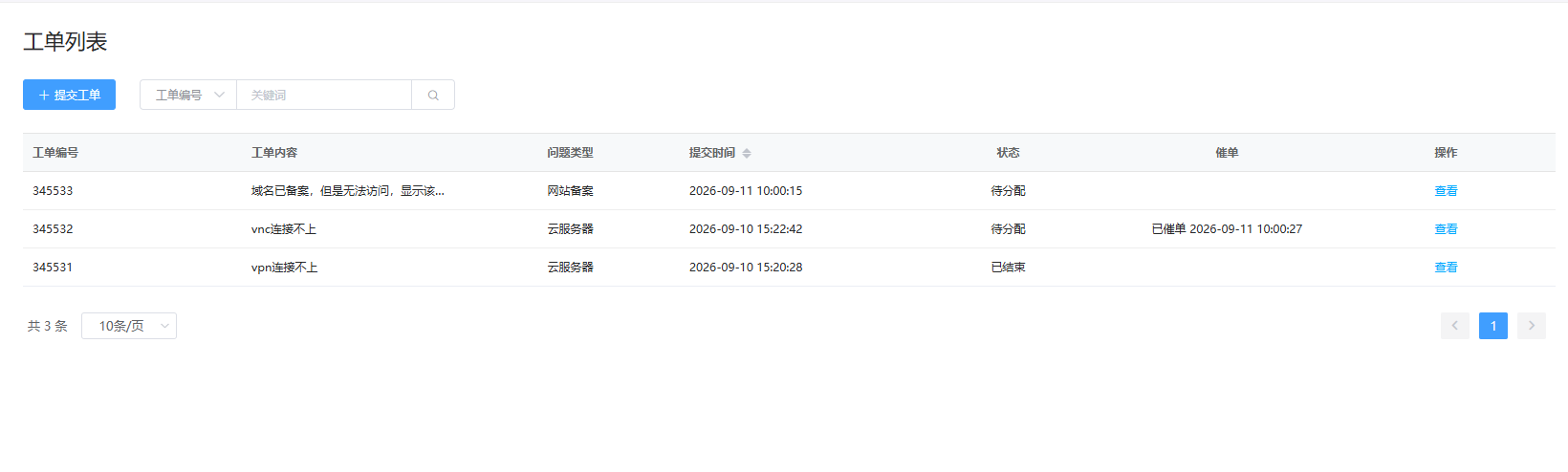 阿贝云工单列表